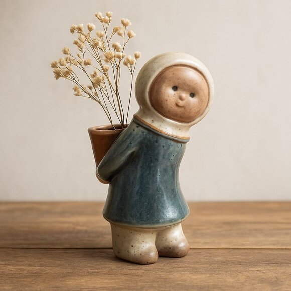 Vintage Japan Ceramic Child Vase Mid Century Figurine with Basket Whimsical Kawa - Picture 3 of 9